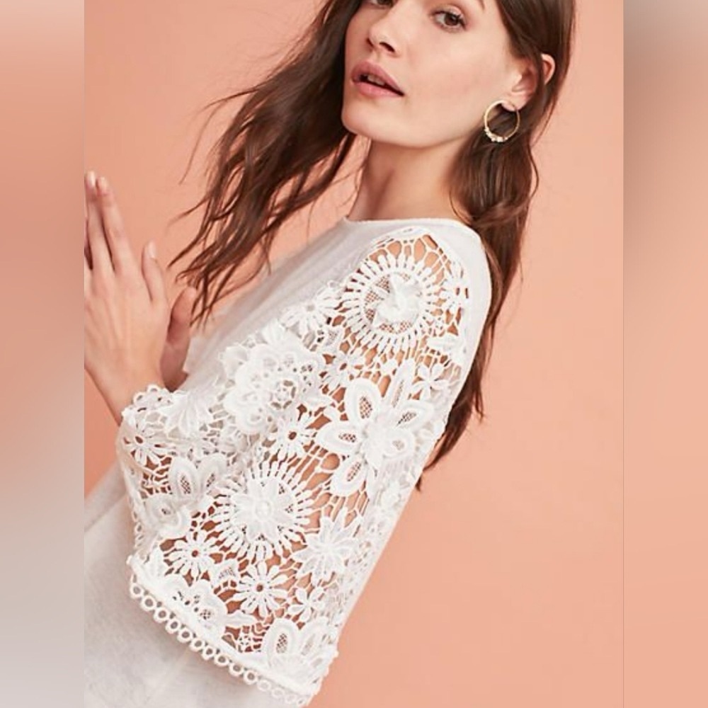 Anthropologie White Lace Crochet Sleeve Top